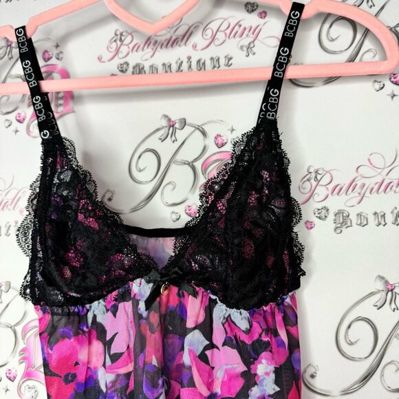 Bcbg tank top crop floral mesh black pink purple white logo straps sexy cute - Picture 2 of 9